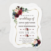 金ゴールド魅力的メルロネイビーブルーフローラ結婚ズ 招待状 (正面/裏面)