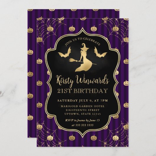 金ゴールド魔女とカボチャストライプの誕生日21日 招待状 (正面/裏面)