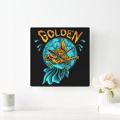 金ゴールド魚 スクエア壁時計 (ホーム)