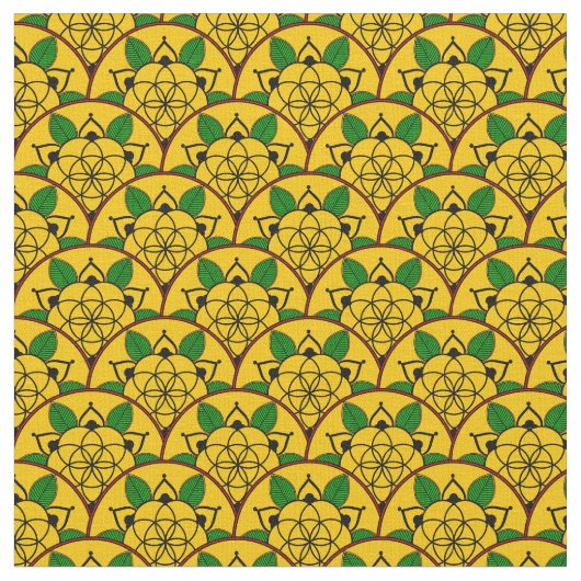金ゴールド鮮やか黄色の円形アフリカ模様 ファブリック (クローズアップ)