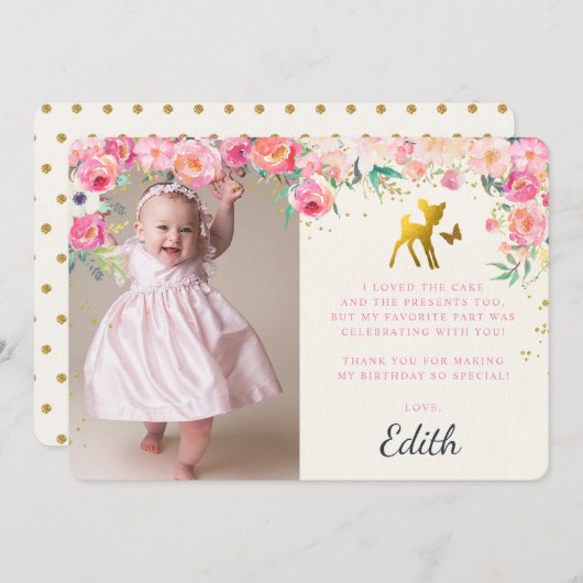 金ゴールド鹿とフローラ写真サンキューカード サンキューカード (正面/裏面)