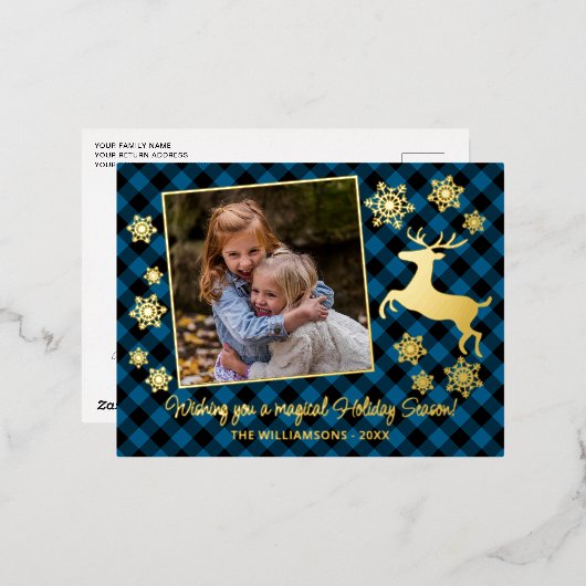 金ゴールド鹿と雪の上の青い黒い格子模様 箔シーズンポストカード (正面/裏面)