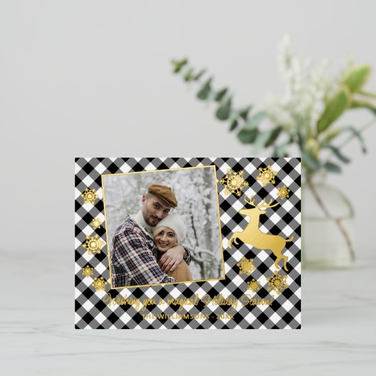 金ゴールド鹿&雪片白黒格子模様 箔シーズンポストカード (立ち正面)