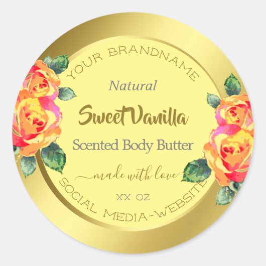 金ゴールド黄エレガントフローラバラ春円 ラウンドシール (正面)