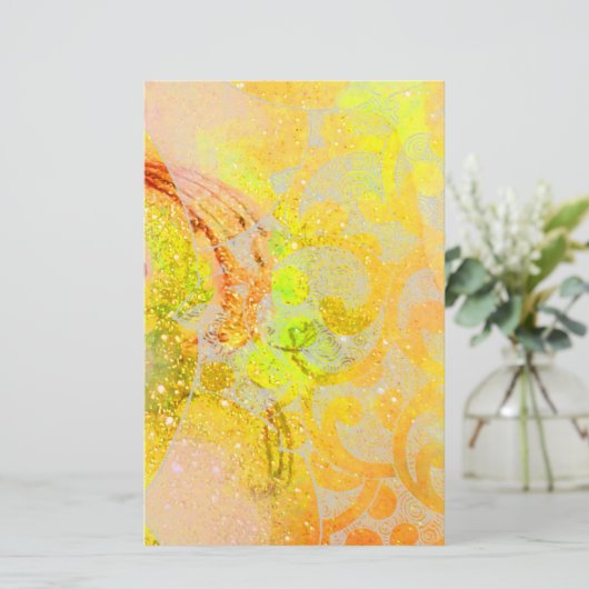 金ゴールド黄色のオレンジ色の抽象芸術波、フローラ旋回 便箋 (スタンド正面)