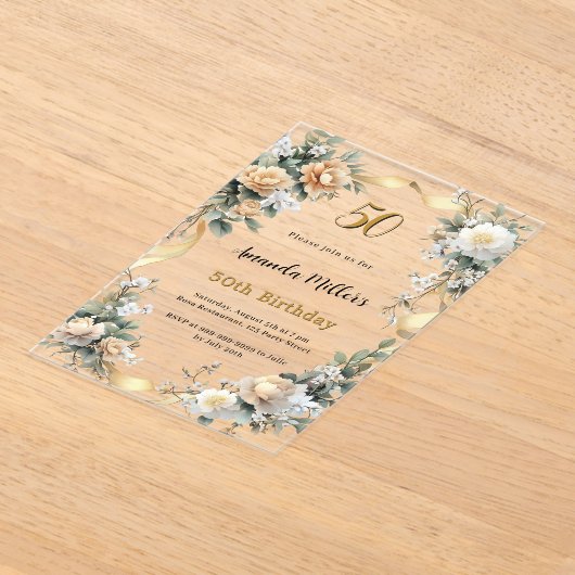 金ゴールド黄色花模様リボン澄ん誕生日 アクリル招待状 (レイダウン)