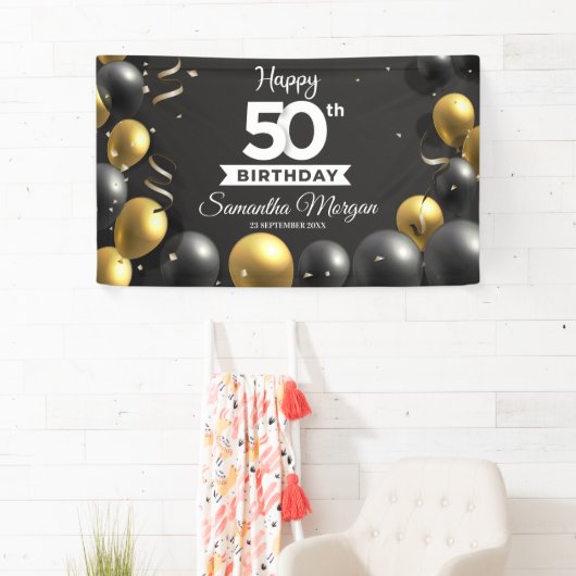 金ゴールド黒いモダン風船あらゆる年齢の誕生日 横断幕 (インサイチュ)
