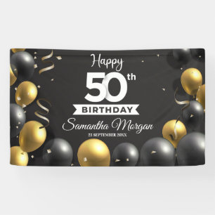 金ゴールド黒いモダン風船あらゆる年齢の誕生日 横断幕