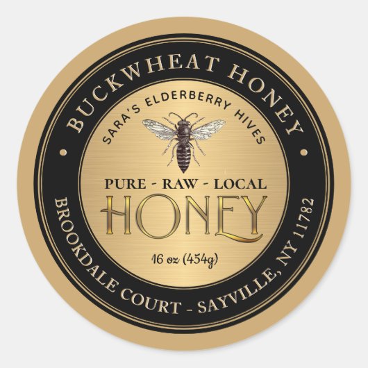 金ゴールド黒そば蜂蜜ラベルヴィンテージクイーンビー ラウンドシール (正面)