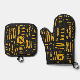 金ゴールド黒アフリカ線模様モノグラム 鍋つかみ&鍋敷きセット