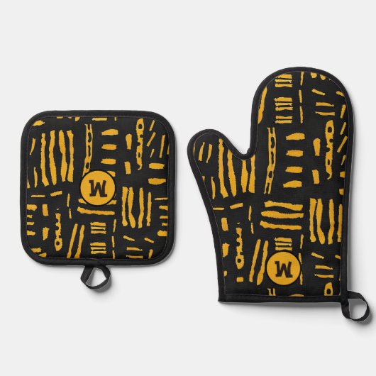 金ゴールド黒アフリカ線模様モノグラム 鍋つかみ&鍋敷きセット (正面)