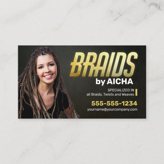 金ゴールド黒アフリカ編組サロンヘアブレイダー 名刺 (正面)