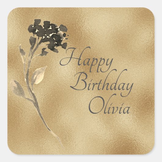 金ゴールド黒エレガントフローラ水色 スクエアシール (正面)