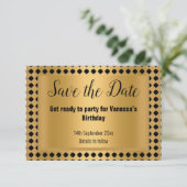 金ゴールド黒ストライプのパターン(の模様が)ある保存日付 案内状 (スタンド正面)