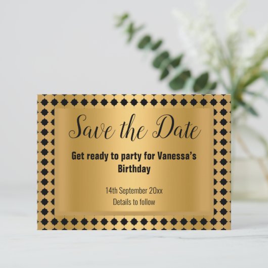 金ゴールド黒ストライプのパターン(の模様が)ある保存日付 案内状 (スタンド正面)