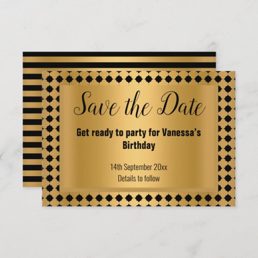 金ゴールド黒ストライプのパターン(の模様が)ある保存日付 案内状 (正面/裏面)