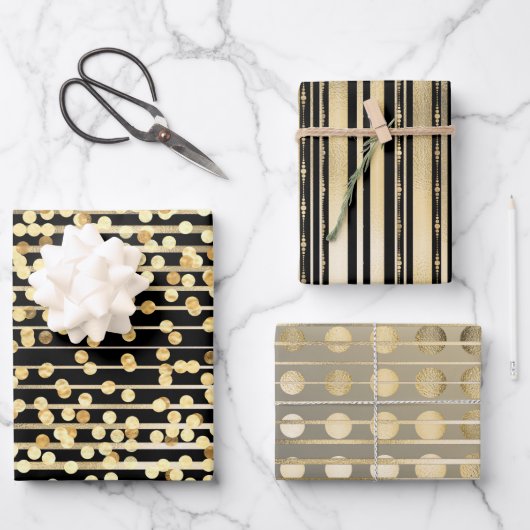 金ゴールド黒ストライプ紙吹雪エレガントフォーマル模様 ラッピングペーパーシート (正面)