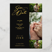 金ゴールド黒ファンシーコラージュ3枚の写真結婚カップル 箔招待状 (正面)