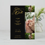 金ゴールド黒ファンシーコラージュ3枚の写真結婚カップル 箔招待状 (立ち正面)