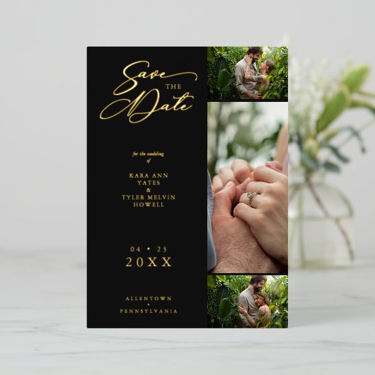 金ゴールド黒ファンシーコラージュ3枚の写真結婚カップル 箔招待状 (立ち正面)