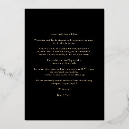 金ゴールド黒ファンシーコラージュ3枚の写真結婚カップル 箔招待状 (裏面)