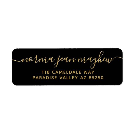 金ゴールド黒ファンシー手書きスクリプト差出人住所 ラベル (正面)