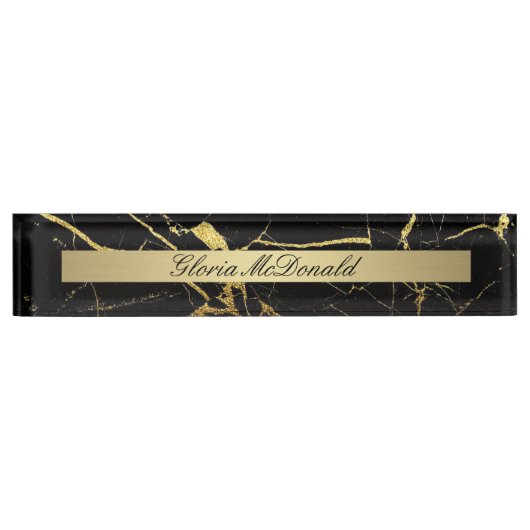 金ゴールド黒大理石銘板 デスクネームプレート (正面)