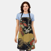 金ゴールド黒東洋の着物日本のフローラキッチン エプロン (着用した状態)