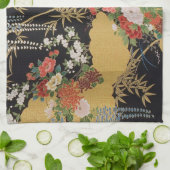 金ゴールド黒東洋の着物日本のフローラキッチン キッチンタオル (折り畳み)