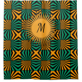 金ゴールド黒正方形の幾何学模様モノグラム シャワーカーテン