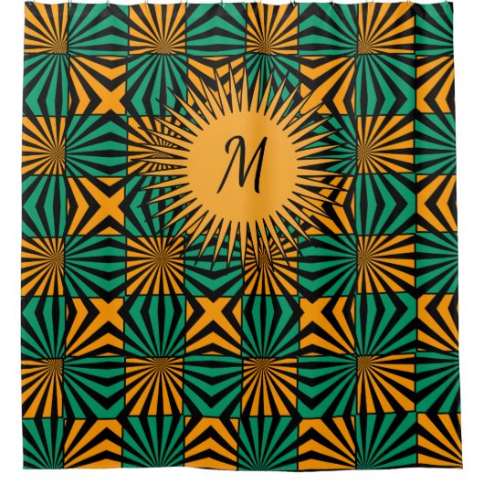 金ゴールド黒正方形の幾何学模様モノグラム シャワーカーテン (正面)