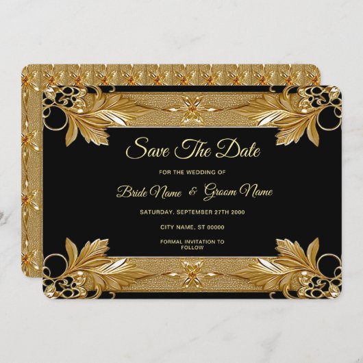 金ゴールド黒華美フローラ保存日 セーブザデート (正面/裏面)
