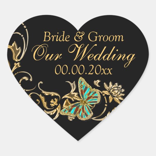 金ゴールド黒蝶結婚婚約 ハートシール (正面)