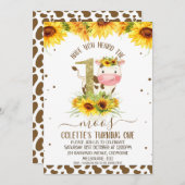 金ゴールド1ひまわり茶色の牛プリント1st誕生日 招待状 (正面/裏面)