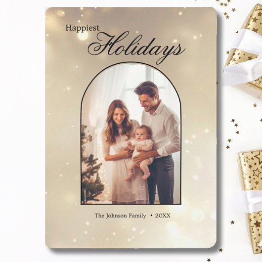 金ゴールド1フォトアーチモダンクリスマスハッピー シーズンカード