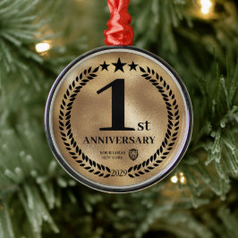金ゴールド1周年記念ビジネスロゴクリスマス メタルオーナメント