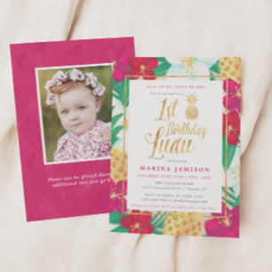 金ゴールド1番目の誕生日ルアウ（ハワイ式宴会）パーティの招待状 招待状