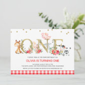 金ゴールド1頭の赤い格子柄の家畜1歳の誕生日 招待状 (スタンド正面)