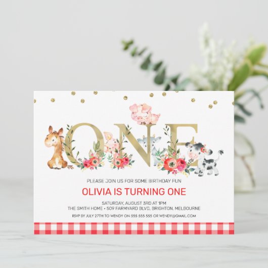 金ゴールド1頭の赤い格子柄の家畜1歳の誕生日 招待状 (スタンド正面)