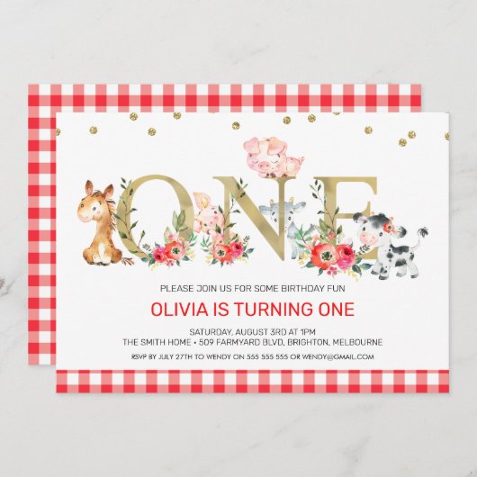 金ゴールド1頭の赤い格子柄の家畜1歳の誕生日 招待状 (正面/裏面)
