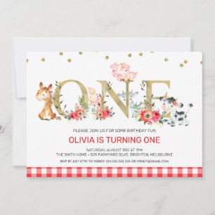 金ゴールド1頭の赤い格子柄の家畜1歳の誕生日 招待状