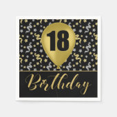 金ゴールド18誕生日の金ゴールドとシルバーの黒 スタンダードカクテルナプキン (正面)