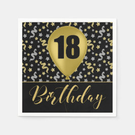 金ゴールド18誕生日の金ゴールドとシルバーの黒 スタンダードカクテルナプキン