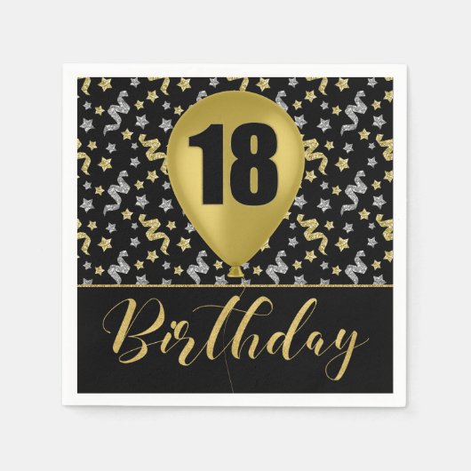 金ゴールド18誕生日の金ゴールドとシルバーの黒 スタンダードカクテルナプキン (正面)
