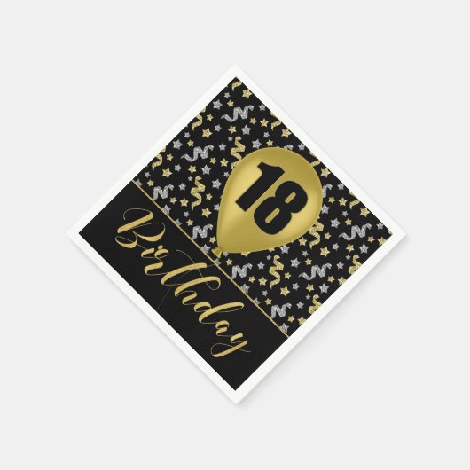 金ゴールド18誕生日の金ゴールドとシルバーの黒 スタンダードカクテルナプキン (角)