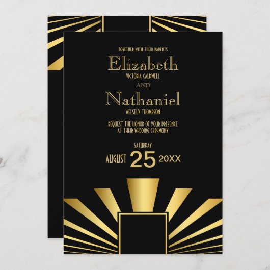 金ゴールド1920sアールデコ結婚式招待状 招待状 (正面/裏面)