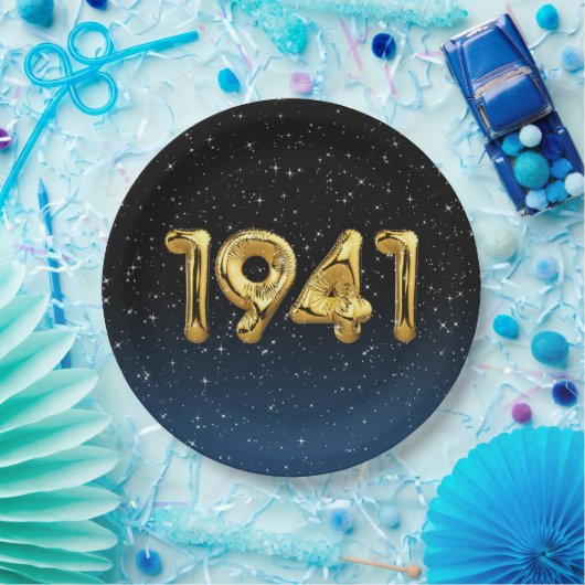 金ゴールド1941誕生年風船（星付） ペーパープレート (パーティー)