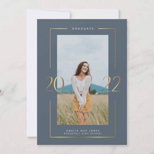 金ゴールド2022フレーム写真卒業のお知らせ 招待状 (正面)