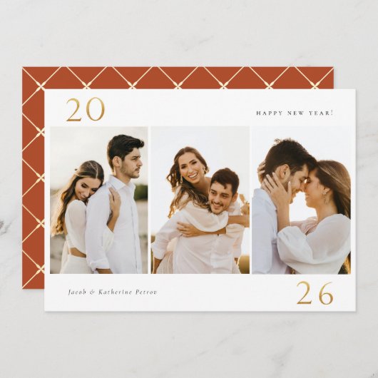 金ゴールド2024年新年3写真ホリデーカード シーズンカード (正面/裏面)