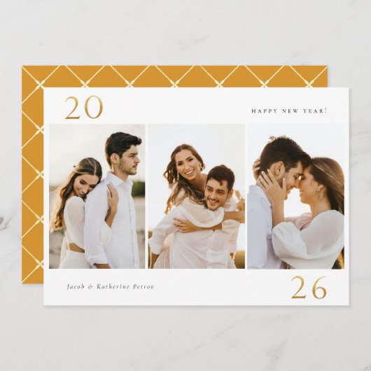 金ゴールド2024年新年3写真ホリデーカード シーズンカード (正面/裏面)